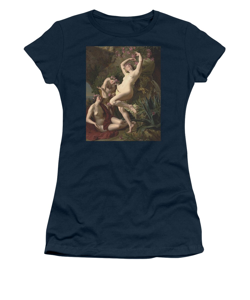 19th Century Art Women's T-Shirt featuring the painting Three Graces Garlanded with Roses by Ferdinand Georg Waldmuller