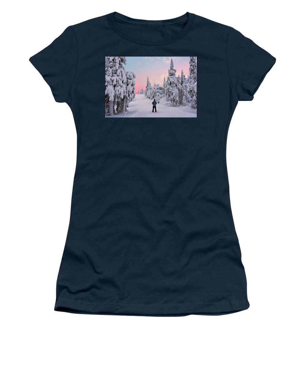 Sky Women's T-Shirt featuring the photograph Through a Snow Covered Forest by Roberta Kayne