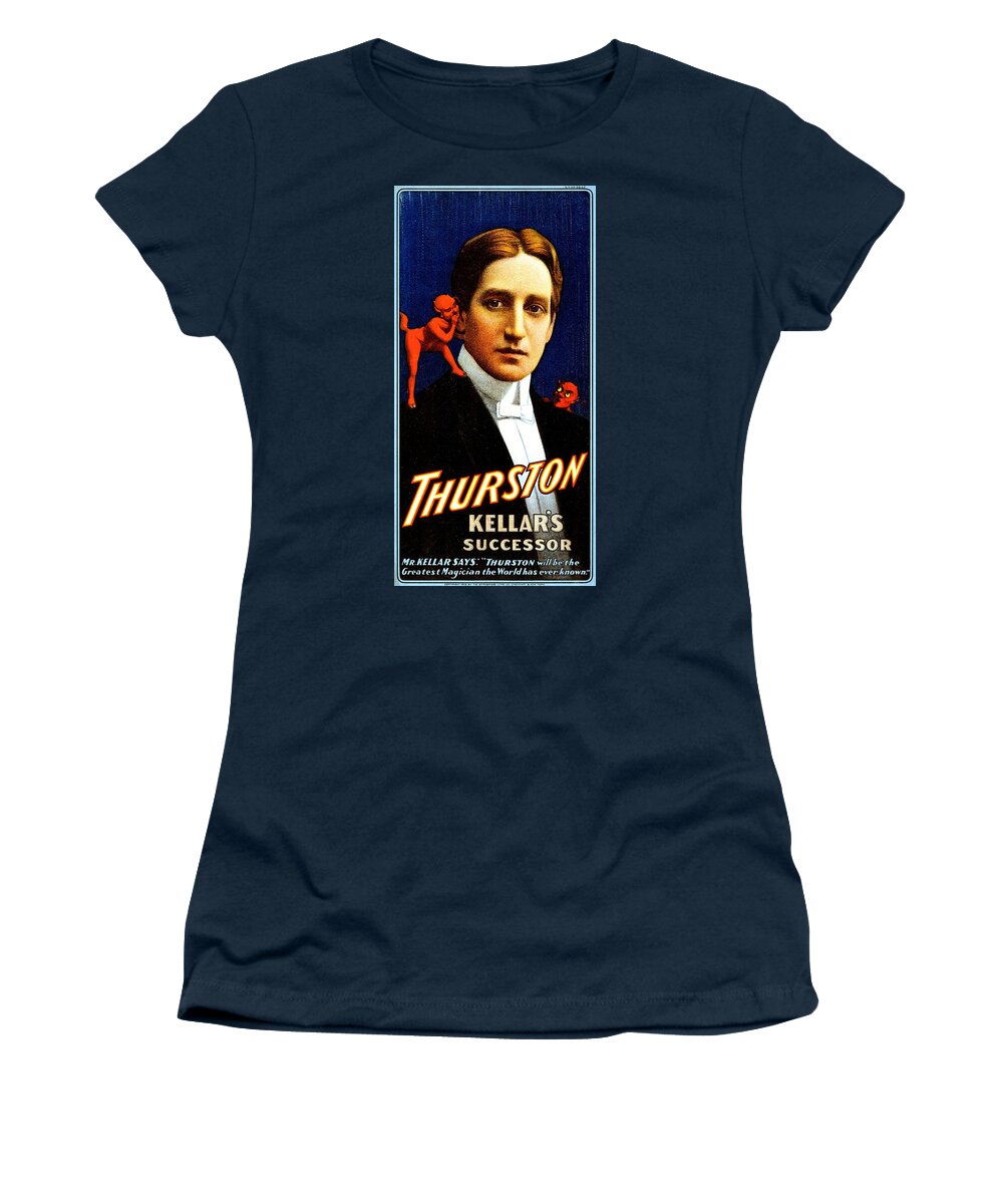 Thurston Women's T-Shirt featuring the painting Thurston, Kellar's successor, magician poster, 1908 by Vincent Monozlay