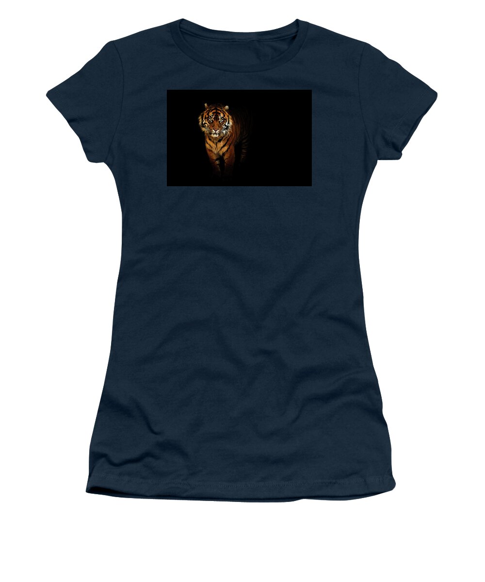 Contemporary Women's T-Shirt featuring the photograph Tiger on a black background by Tim Abeln