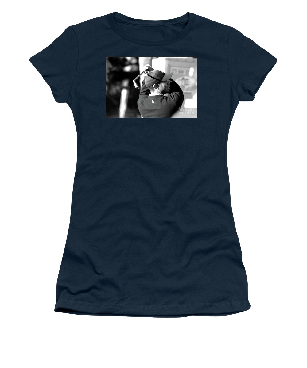 Golf Women's T-Shirt featuring the photograph Tiger Woods Blk Wht by Chuck Kuhn