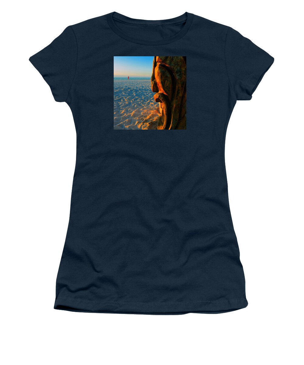 Tiki Women's T-Shirt featuring the photograph Tiki and the woman in the pink towel by David Lee Thompson
