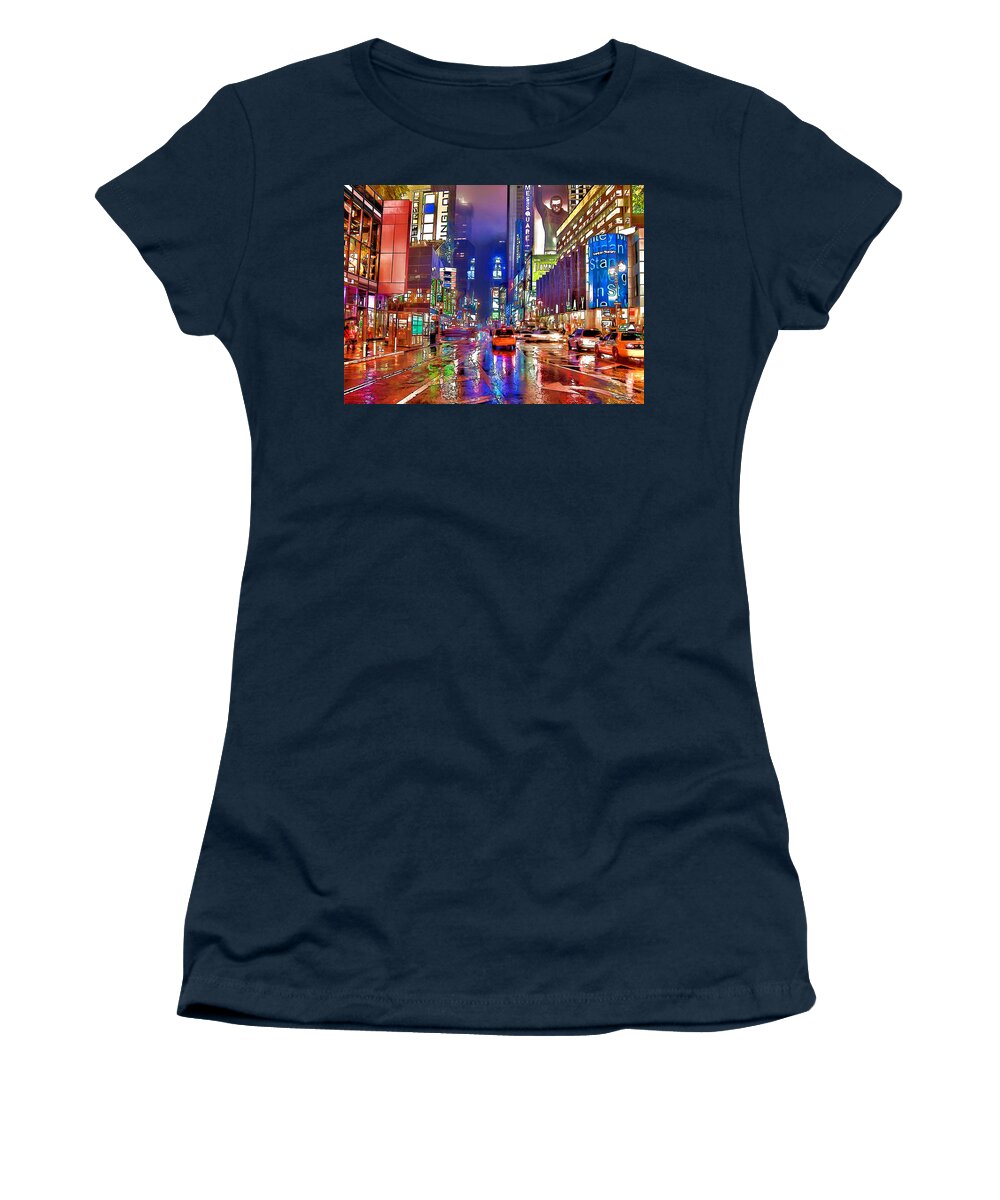 New Women's T-Shirt featuring the painting Times Square at night in New York City by Jeelan Clark