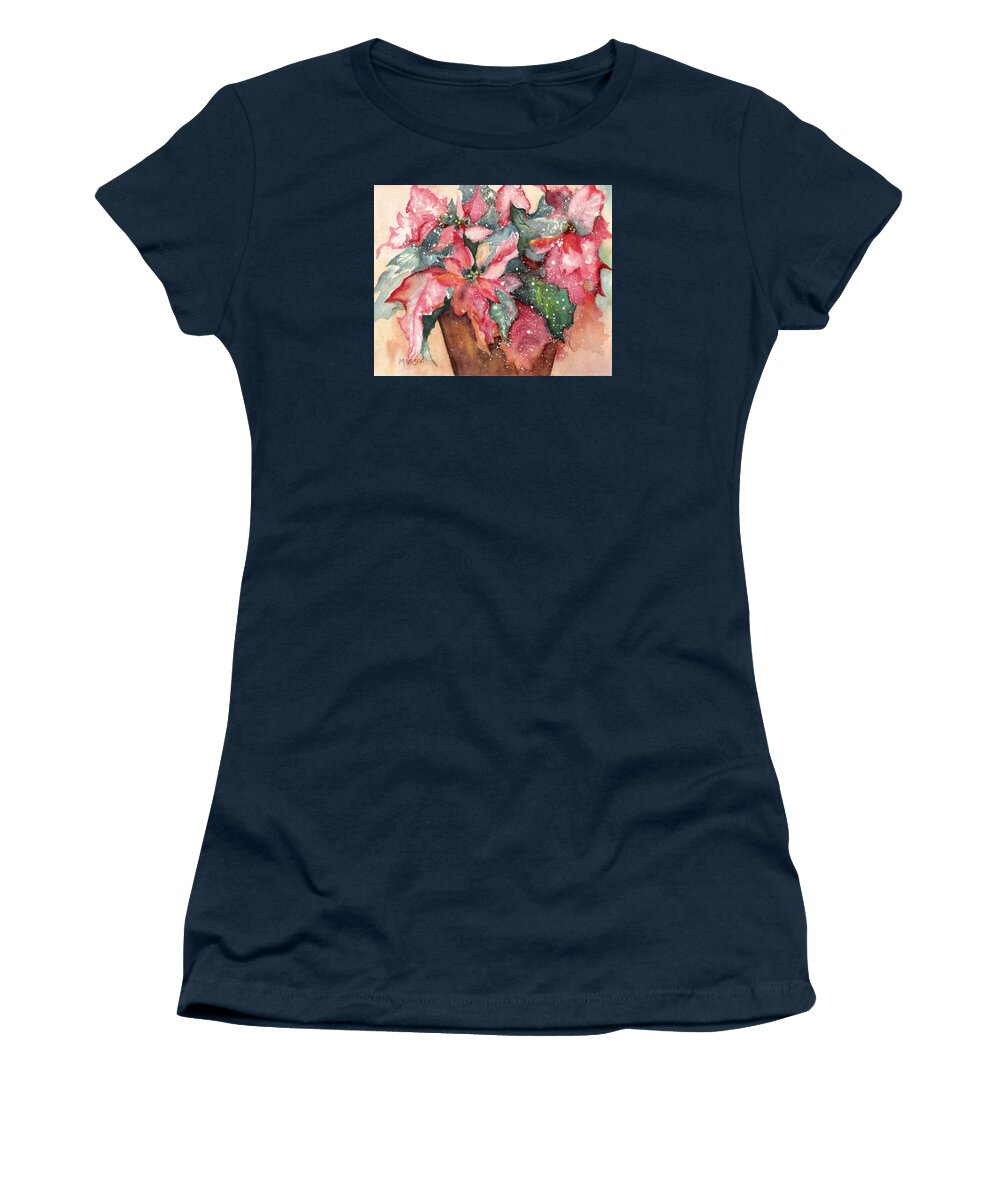 Poinsettia Red Green Holiday Winter Christmas Plant Flower Women's T-Shirt featuring the painting 'Tis the Season by Marsha Woods