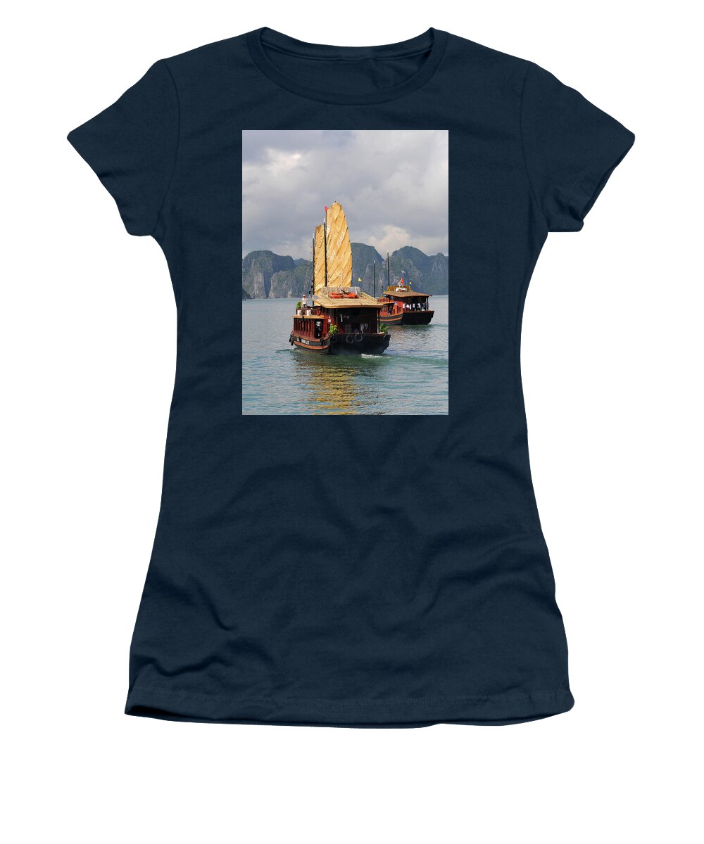 Boats Women's T-Shirt featuring the photograph Sailing boats, Halong bay Vietnam by Michalakis Ppalis