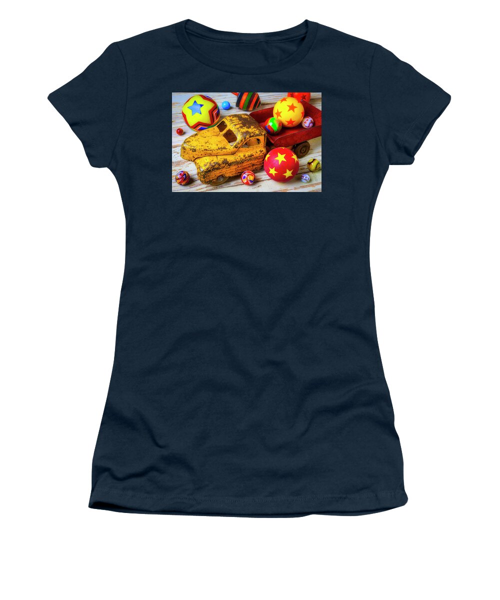Red Women's T-Shirt featuring the photograph Toy Truck With Balls And Marbles by Garry Gay