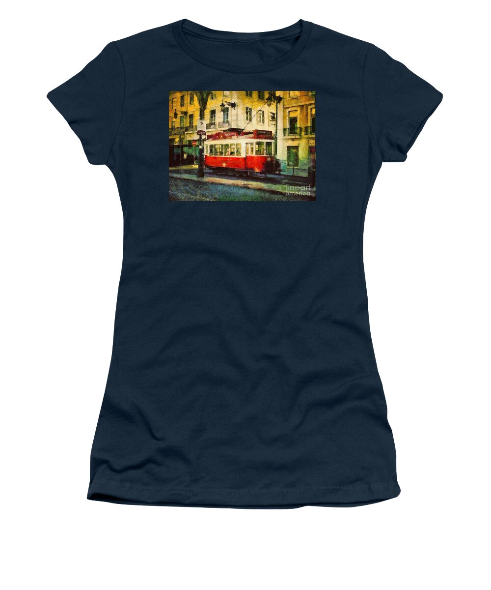 Painting Women's T-Shirt featuring the painting Tram in Lisbon by Dimitar Hristov