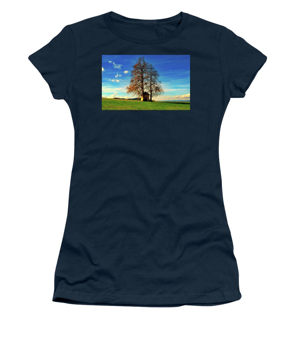 Tree Women's T-Shirt featuring the photograph Trees And Chapel by Mountain Dreams