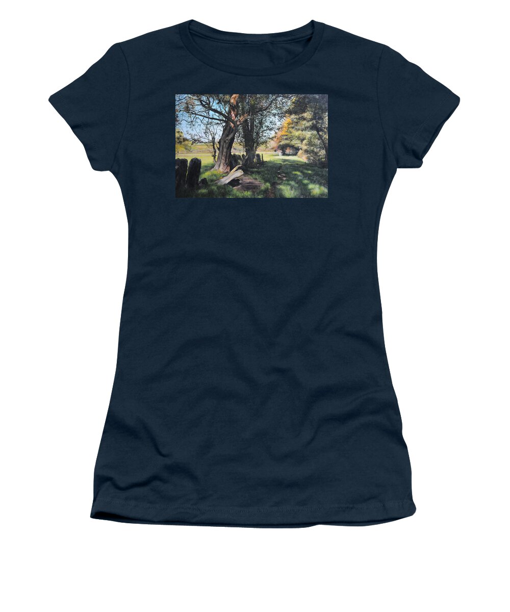 Landscape Women's T-Shirt featuring the painting Trees near Rhug. by Harry Robertson