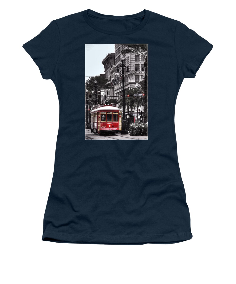 Nola Women's T-Shirt featuring the photograph Trolley on Bourbon and Canal by Tammy Wetzel