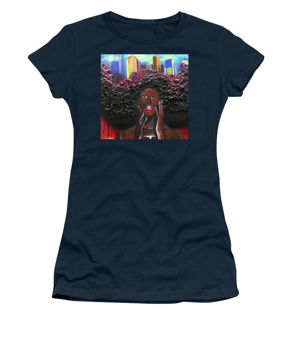 Houston Skyline Mixed Media Natural Sista Women's T-Shirt featuring the painting Truly Perfect, Houston on my Mind by Femme Blaicasso