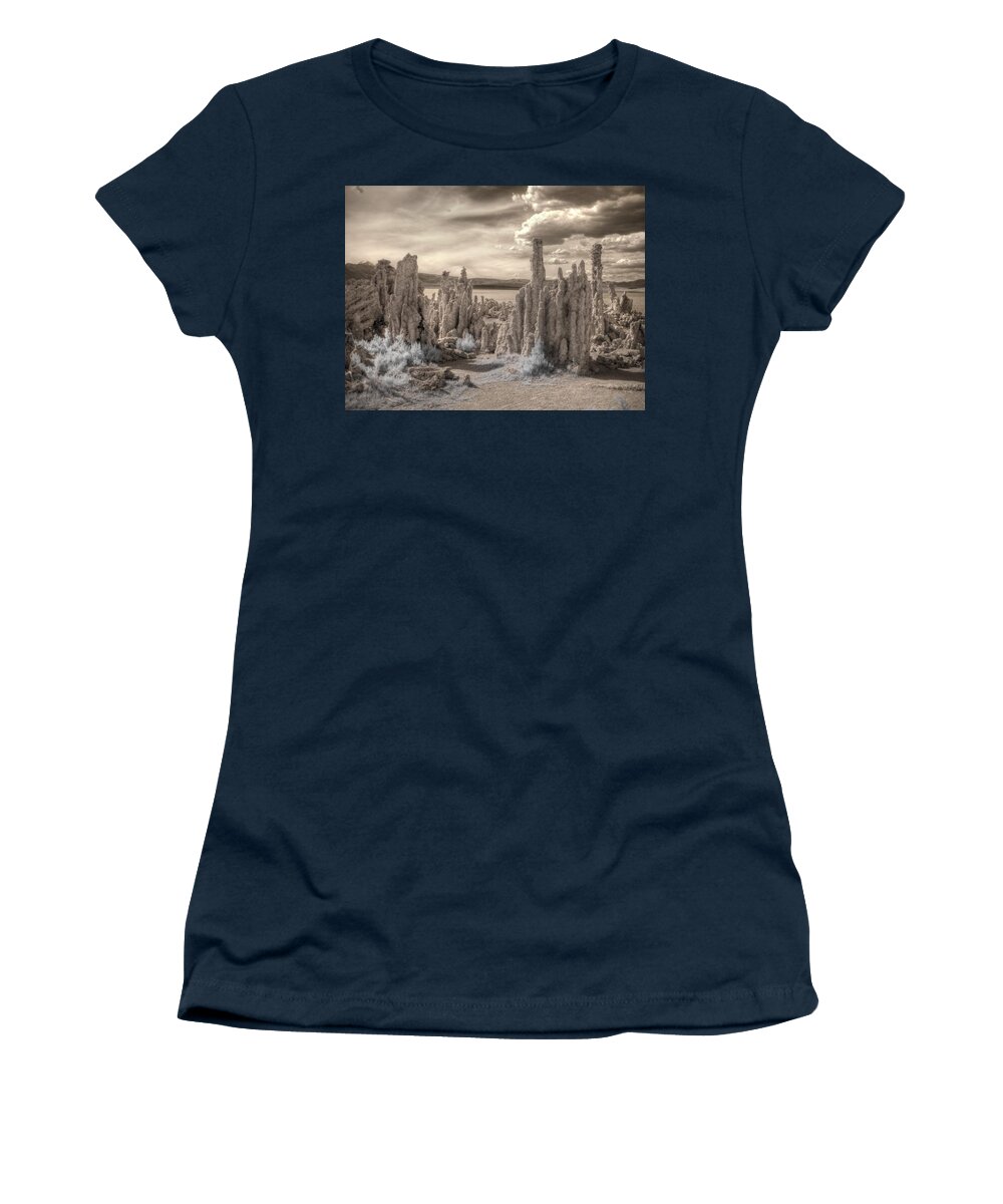 Tufa Women's T-Shirt featuring the photograph Tufa Mono Lake California infrared surreal sepia by Jane Linders