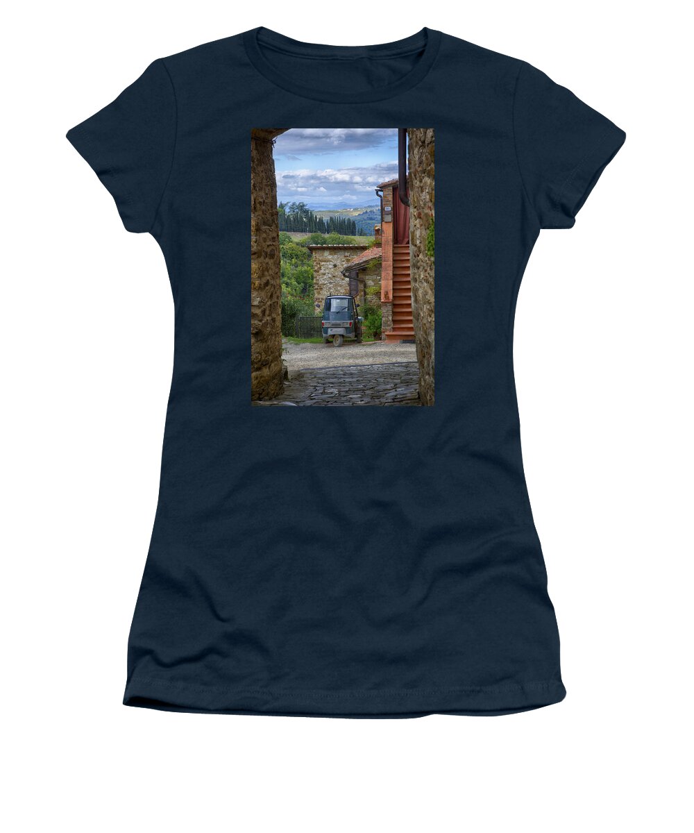 Hill Town Women's T-Shirt featuring the photograph Tuscany Scooter by Kathy Adams Clark