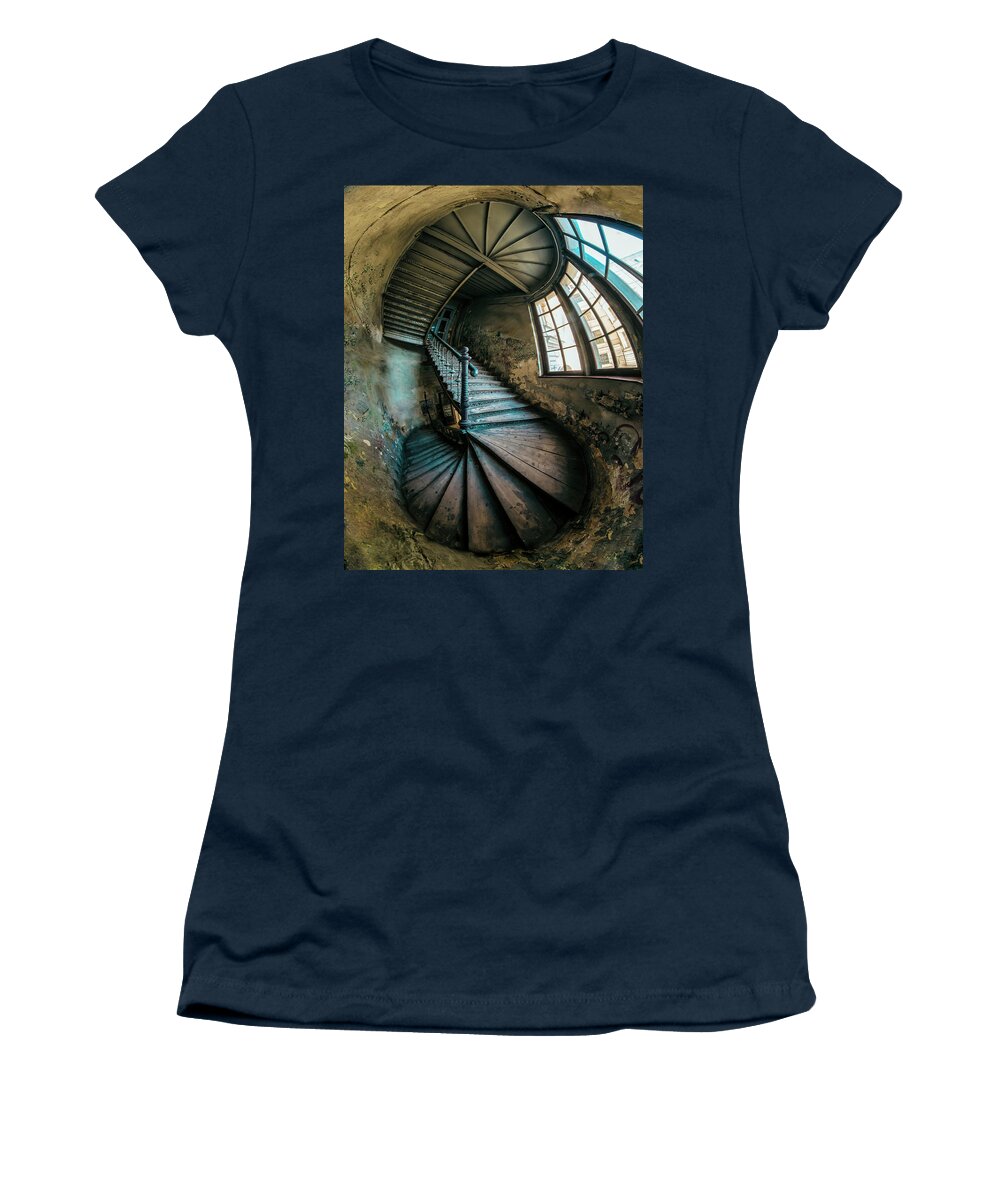 Staircase Women's T-Shirt featuring the photograph Twisted abandoned staircase by Jaroslaw Blaminsky