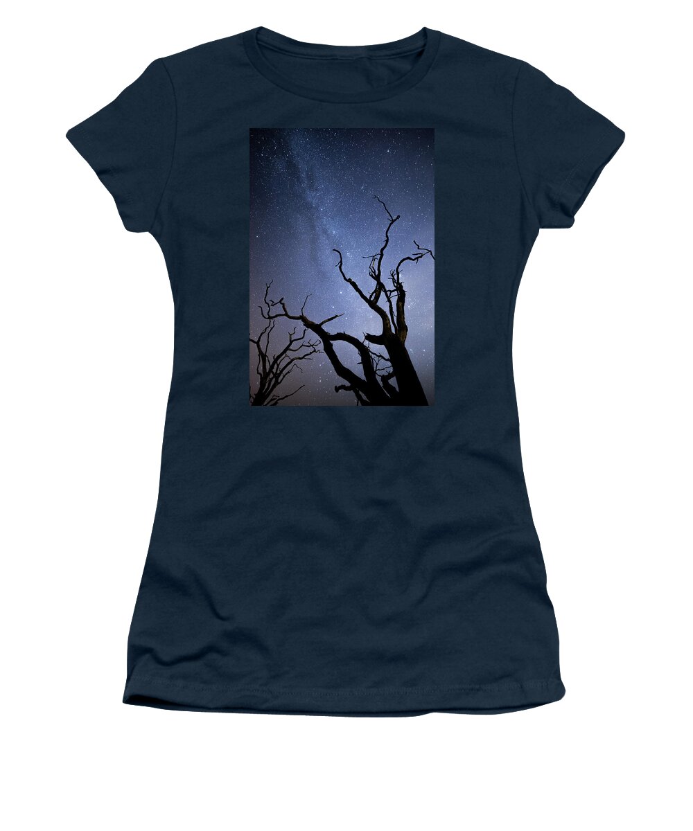 Milky Way Women's T-Shirt featuring the photograph Twisted Spooky Trees and the Milky Way Stars by Anita Nicholson