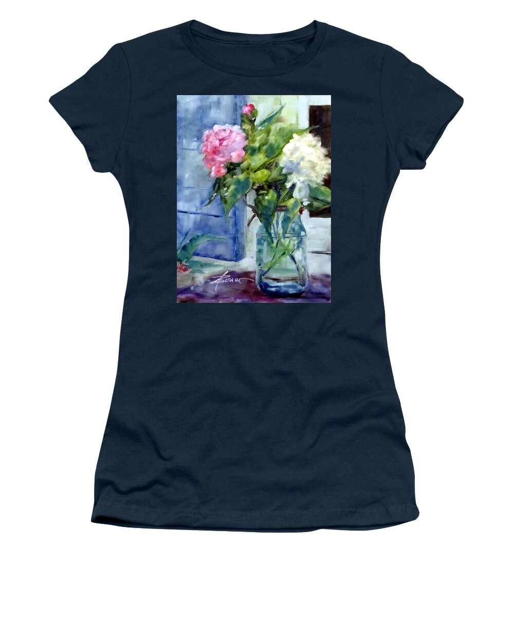 Flowers Women's T-Shirt featuring the painting Two Beauties and A Bud by Adele Bower