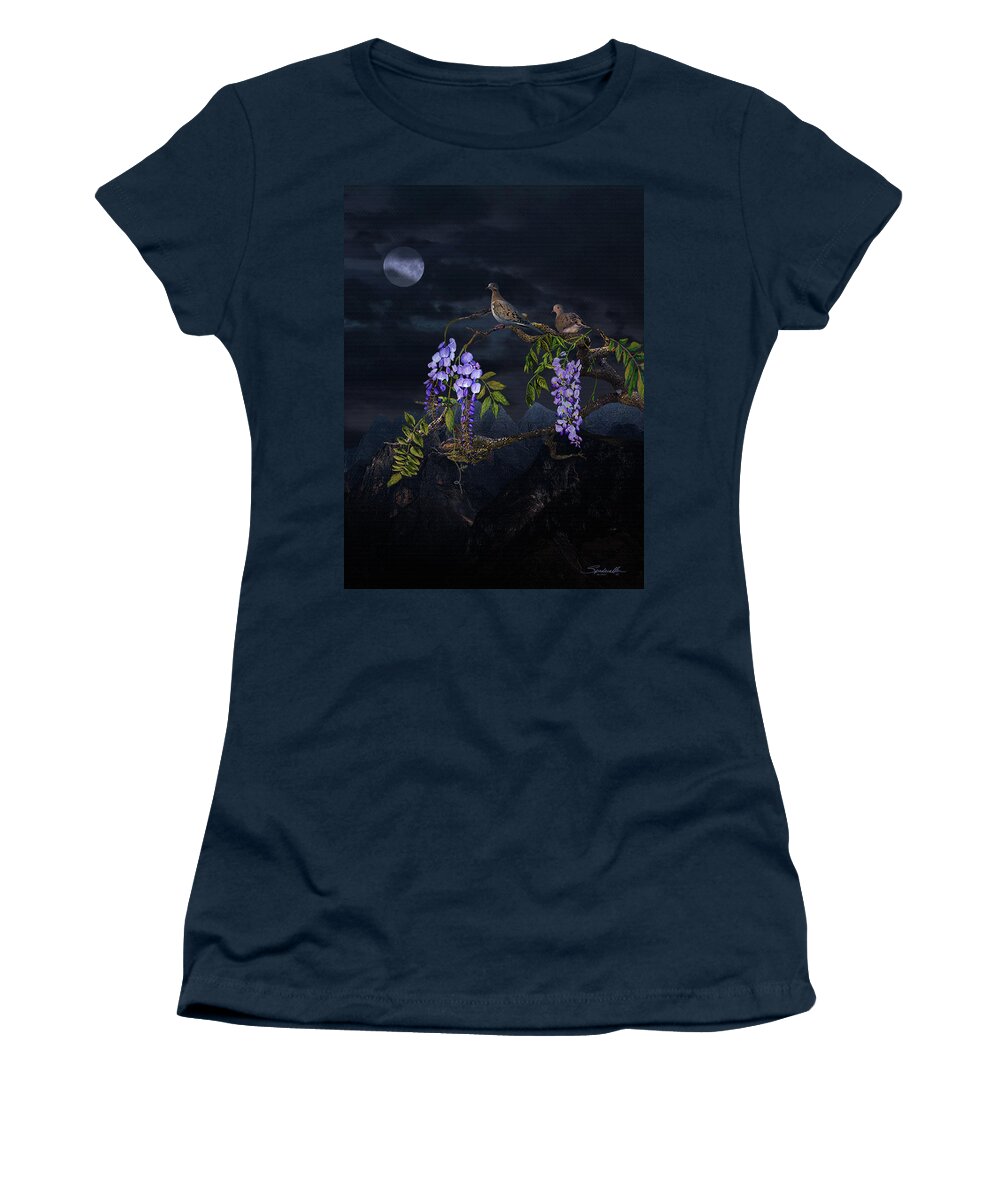 Birds Women's T-Shirt featuring the digital art Mourning Doves in Moonlight by M Spadecaller