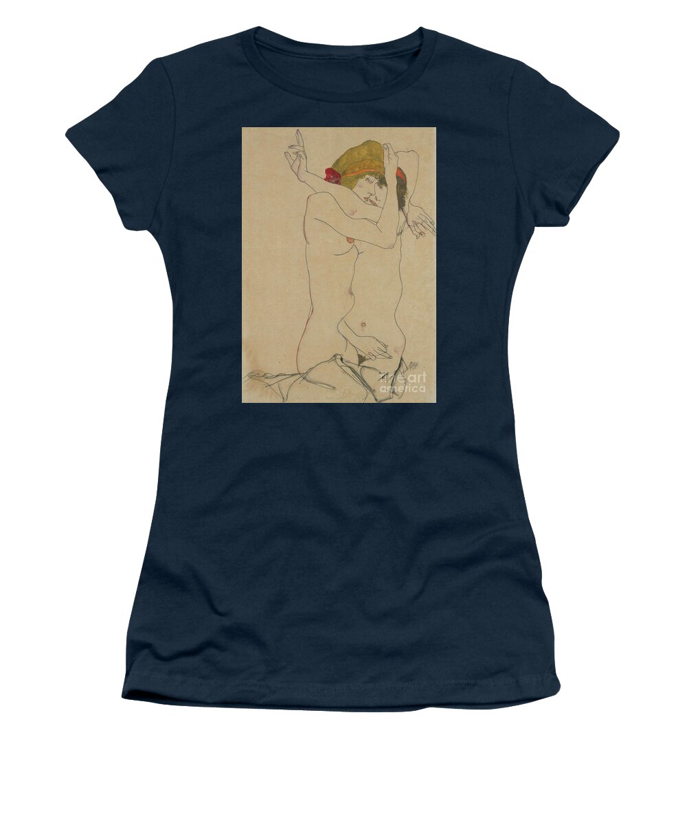 Egon Women's T-Shirt featuring the drawing Two Women Embracing, 1913 by Egon Schiele