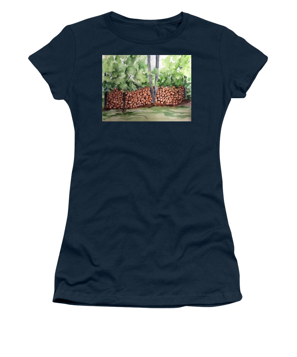 Logs Women's T-Shirt featuring the painting Under hill Rd. Woodpile by Ellen Canfield