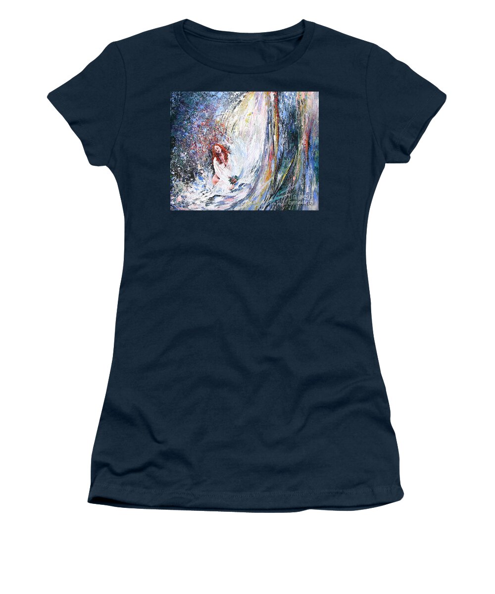 Acrylics Painting Woman Under Waterfall Women's T-Shirt featuring the Under The Waterfall by Miki De Goodaboom