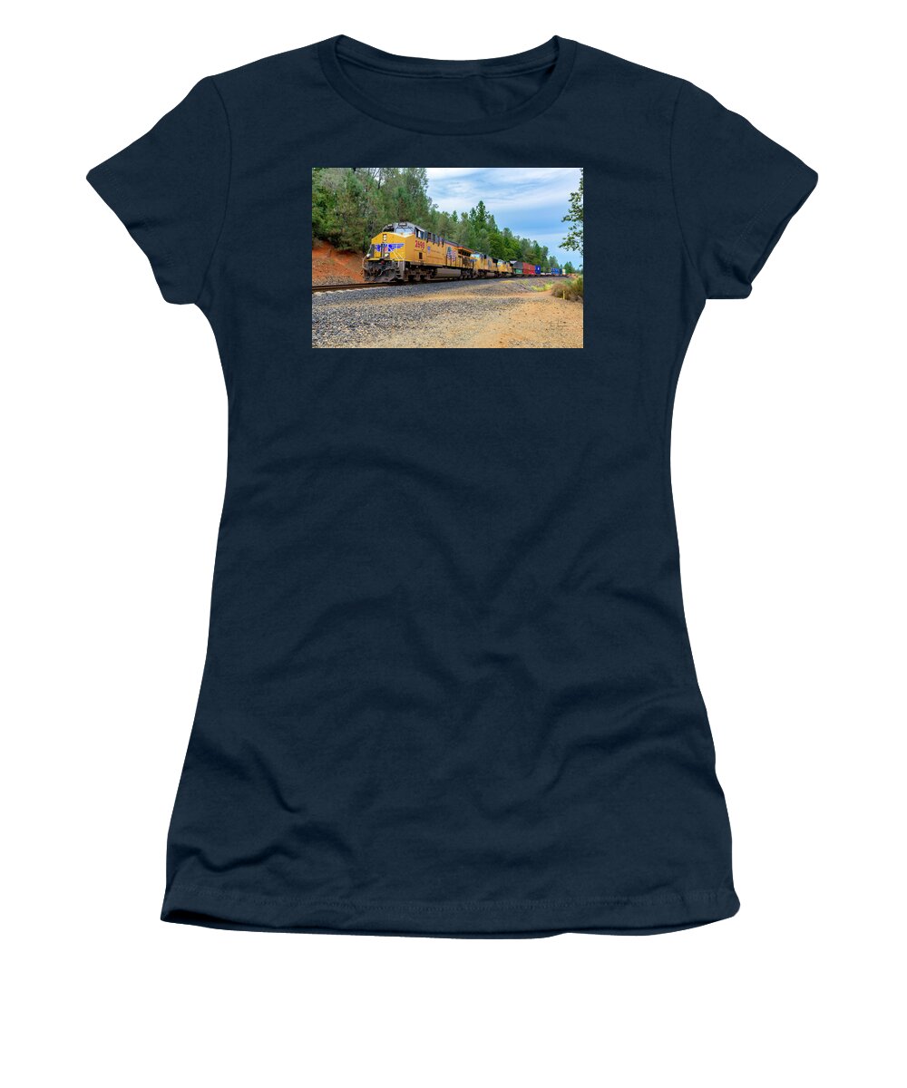 Freight Trains Women's T-Shirt featuring the photograph UP2698 westbound at West Weimar Cross Road by Jim Thompson