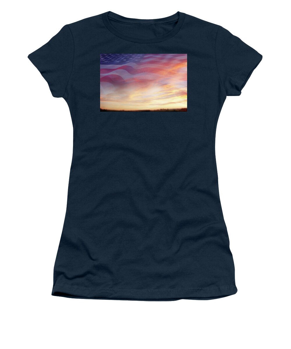 American Flag Women's T-Shirt featuring the digital art U.S. flag in sky 1 by Les Cunliffe