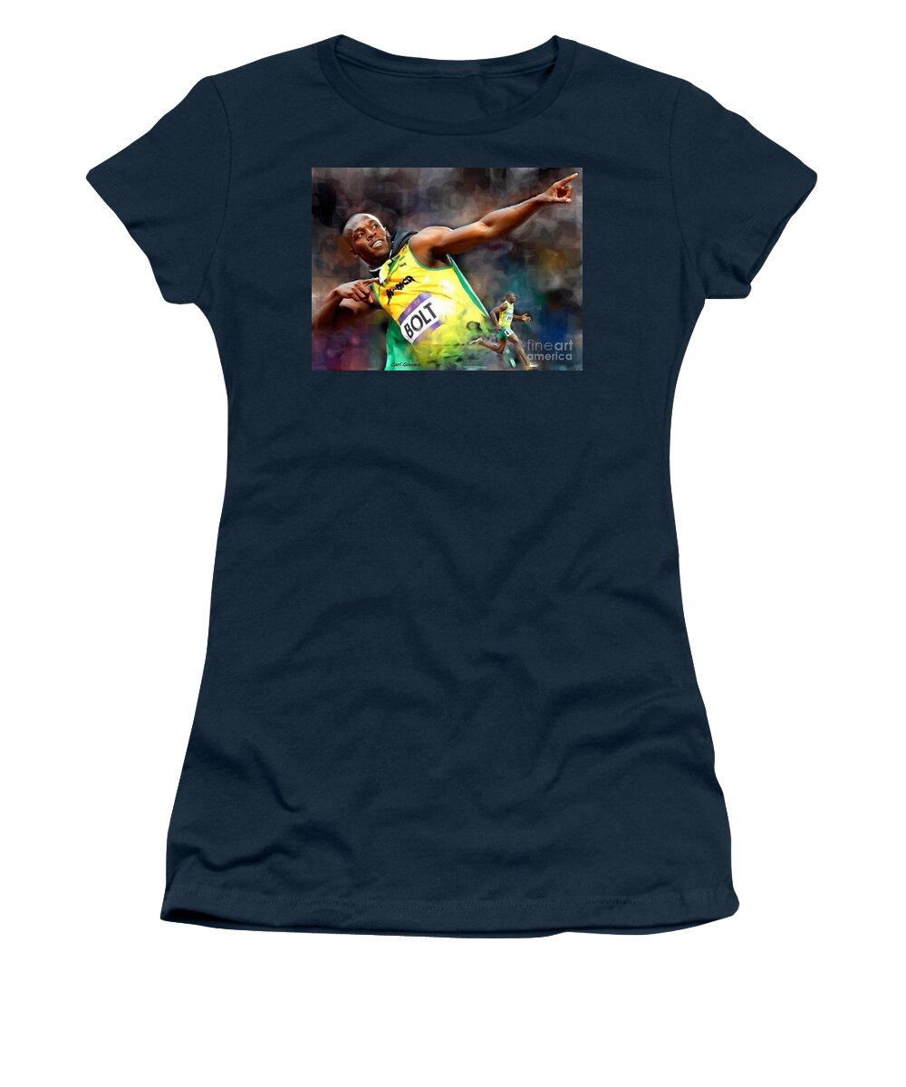 Usain Women's T-Shirt featuring the painting Usain Bolt by Carl Gouveia
