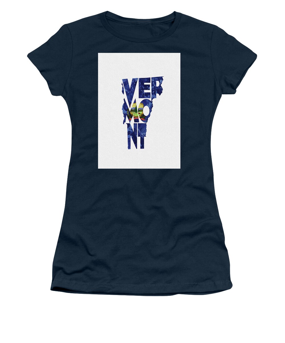 Vermont Women's T-Shirt featuring the digital art Vermont Typographic Map Flag by Inspirowl Design