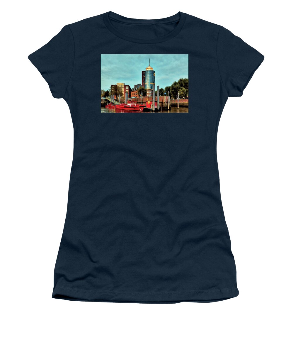 Aquamarine Women's T-Shirt featuring the photograph View from the water around the river Alster and Elbe, waterfront and warehouse district in Hamburg by Gina Koch