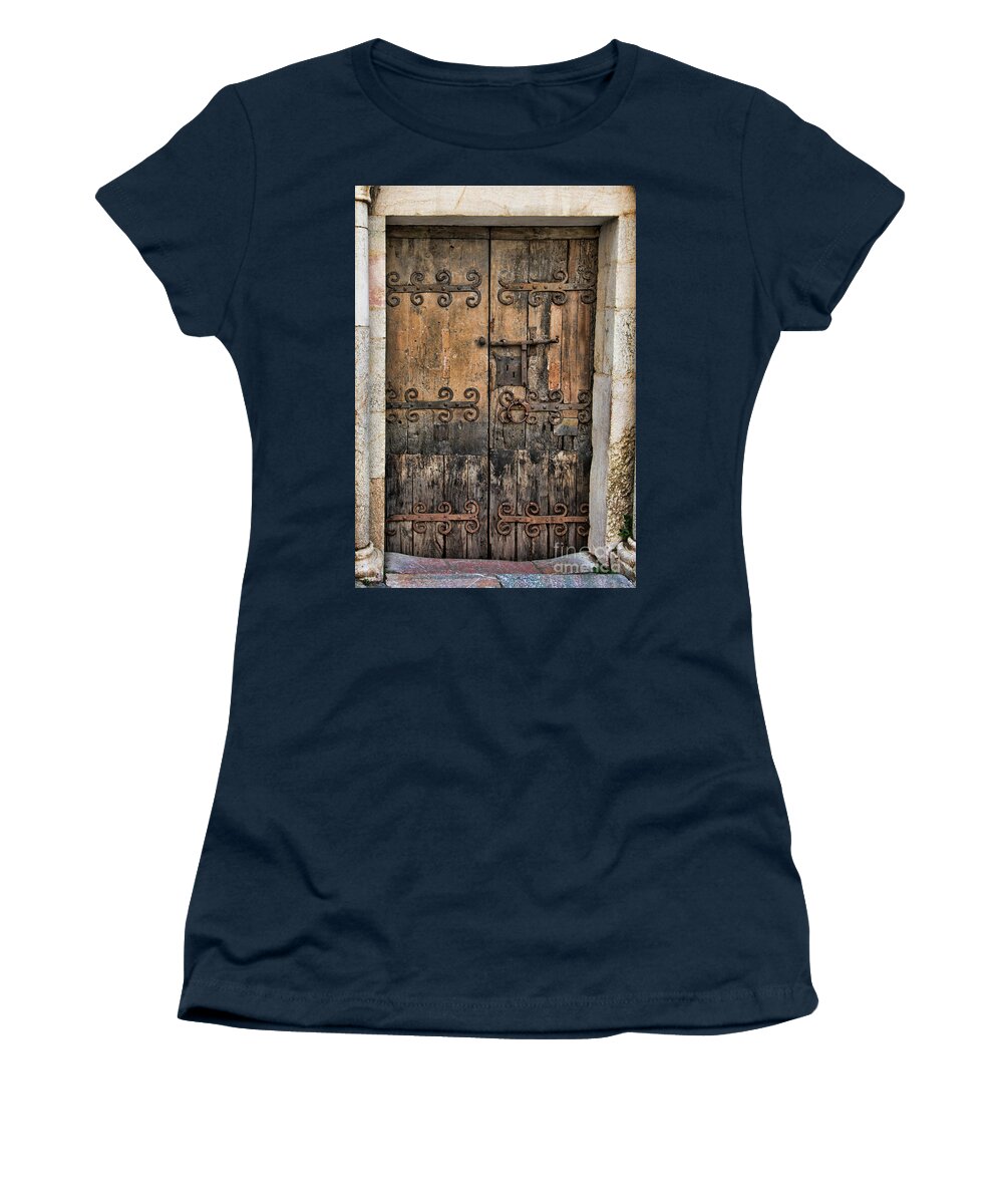France Women's T-Shirt featuring the photograph Village Chateau French Old Ancient Door Color by Chuck Kuhn