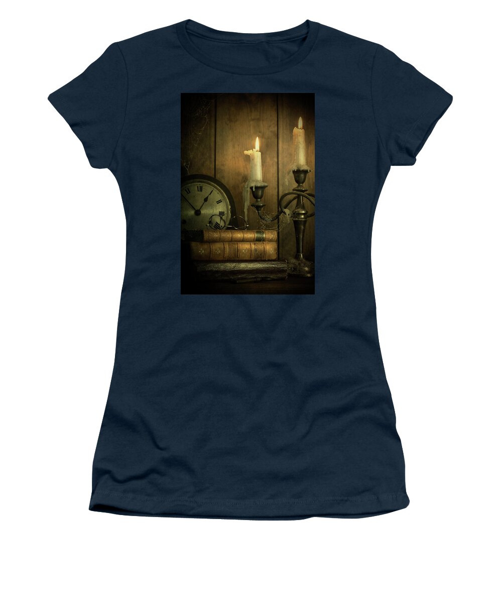 Vintage Women's T-Shirt featuring the photograph Vintage Books With Candles And An Old Clock by Ethiriel Photography