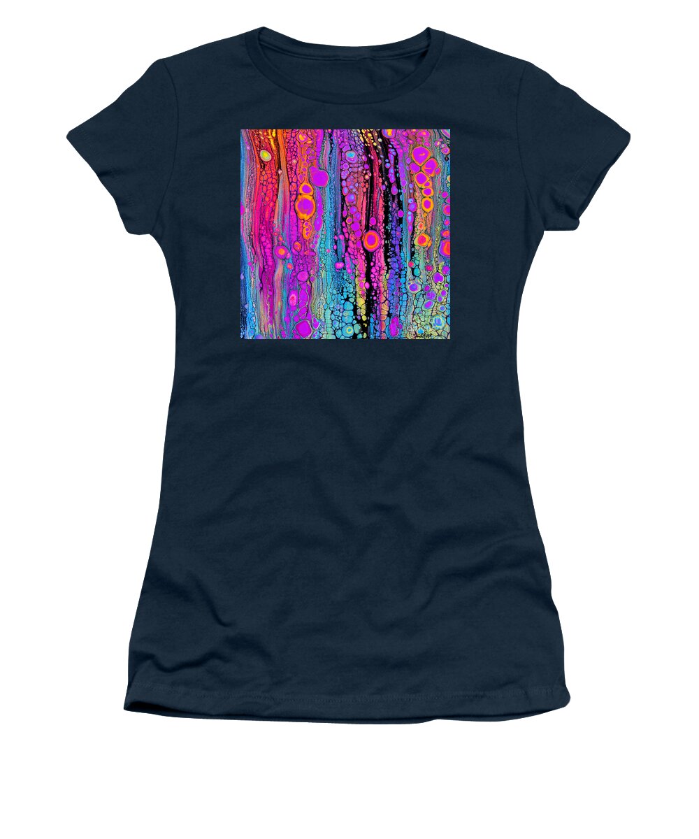 Vibrant Exuberant Dynamic Colorful Fun Playful Bright Cheerful Pink-orange Bubbly-pattern Dynamic Compelling Hot-pink Orange Blues Black Yellow Women's T-Shirt featuring the painting Visual Joy #2651 by Priscilla Batzell Expressionist Art Studio Gallery