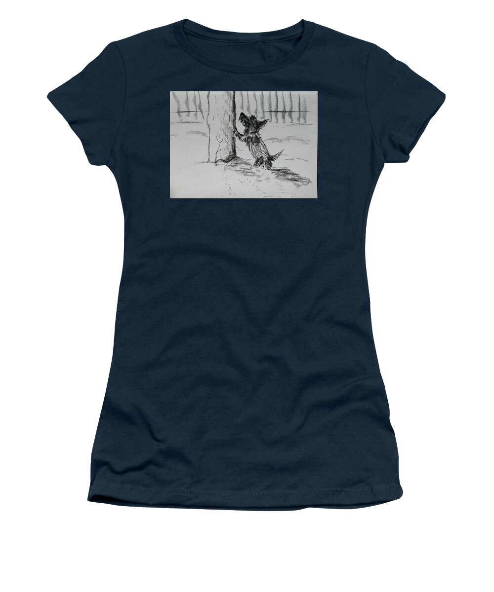 Dogs Women's T-Shirt featuring the drawing Waiting For Squirrel by Violet Jaffe