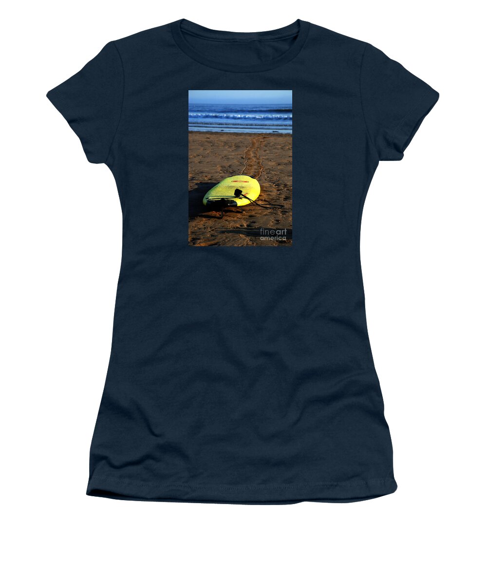 Surf Board Surfing Beach Yellow Waves Sea Horizon Tether Women's T-Shirt featuring the photograph Waiting for the Big One by Richard Gibb