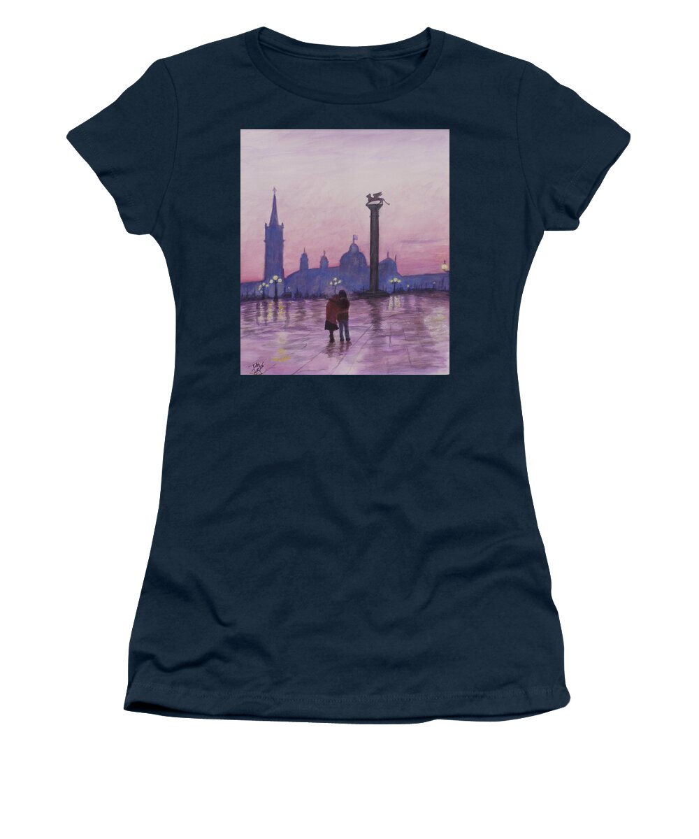 Water Women's T-Shirt featuring the painting Walk in Italy in the rain by Dan Wagner