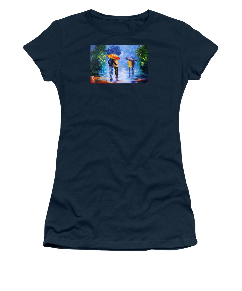 Landscape Women's T-Shirt featuring the painting Walking in the Rain by Rosie Sherman