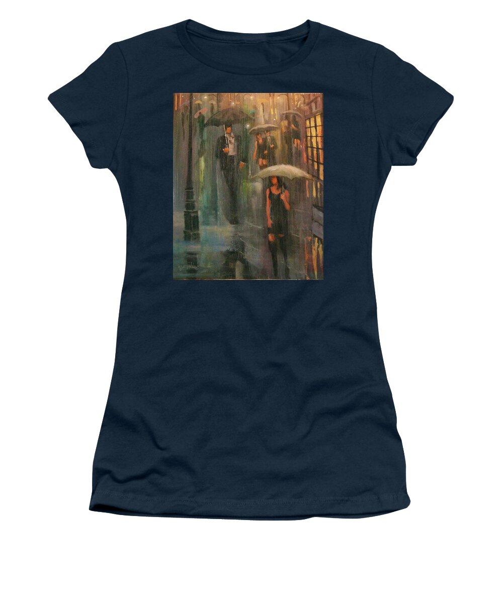  Downpour Women's T-Shirt featuring the painting Walking in the Rain by Tom Shropshire
