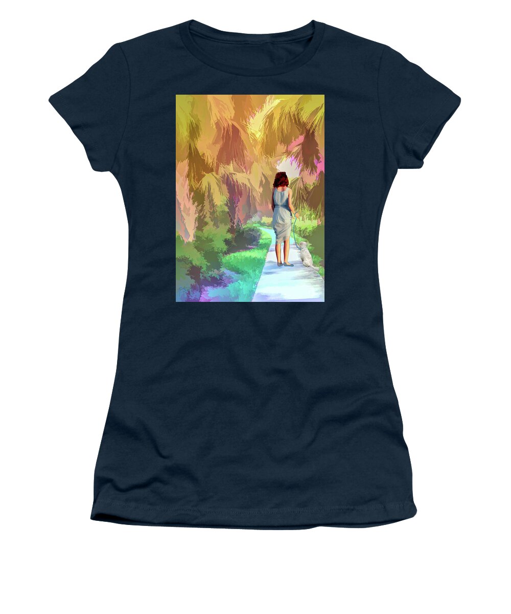 Trees Women's T-Shirt featuring the mixed media Walking the Dog by Rosalie Scanlon