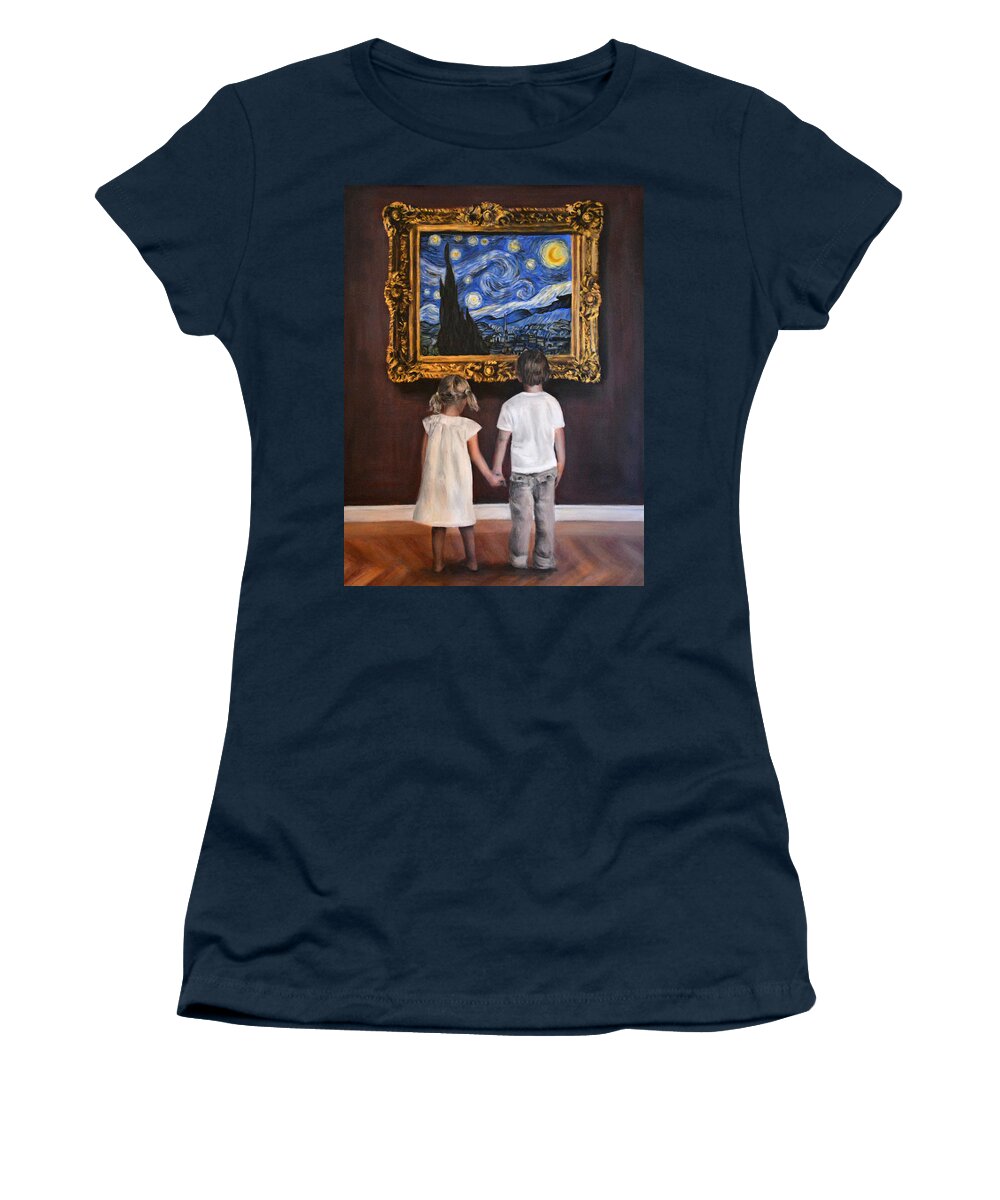 Famous Paintings Women's T-Shirt featuring the painting Watching Starry Night Part 2 by Escha Van den bogerd
