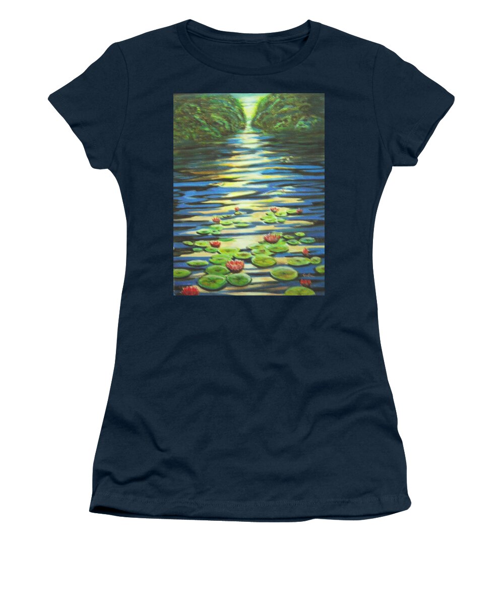 Dusk Women's T-Shirt featuring the painting Water Lillies at dusk by Usha Shantharam