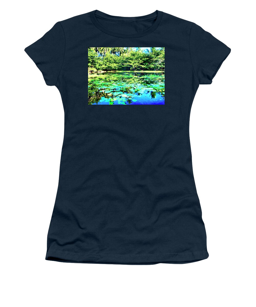 Punaluu Women's T-Shirt featuring the painting Water Lily Pond at Punaluu by Dominic Piperata