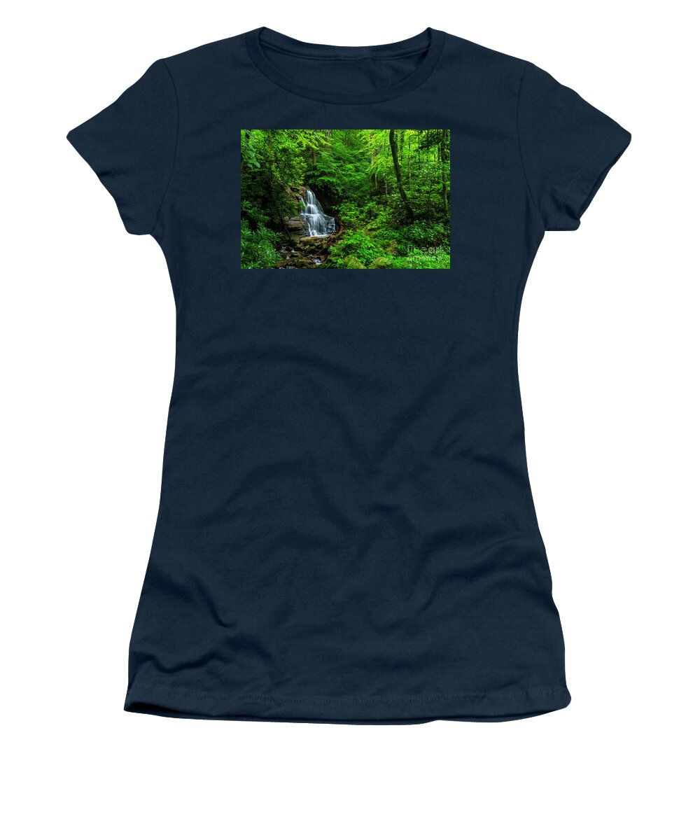 Waterfall Women's T-Shirt featuring the photograph Waterfall and Rhododendron in Bloom by Thomas R Fletcher