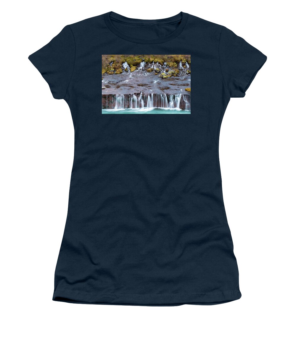 Hraunfossar‬ Women's T-Shirt featuring the photograph Waterfall of waterfalls by Hitendra SINKAR
