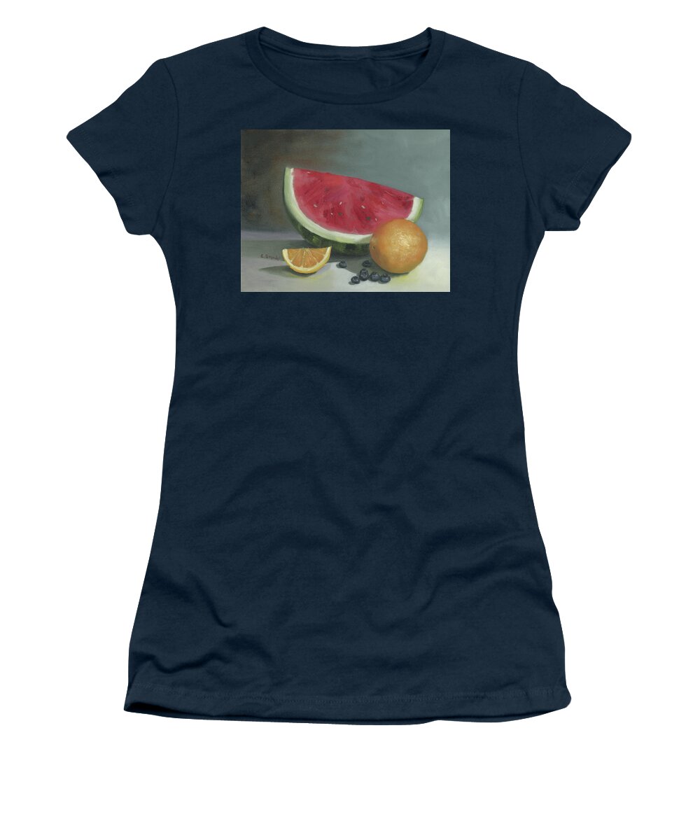Original Oil Painting With Watermelon Orange Blue Berries Fruit By Cecilia Brendel Oil On Canvas Red Pink Slice Still Life Stilllife Painting Table Setting With Fruit Series Women's T-Shirt featuring the painting Watermelon Still life by Cecilia Brendel