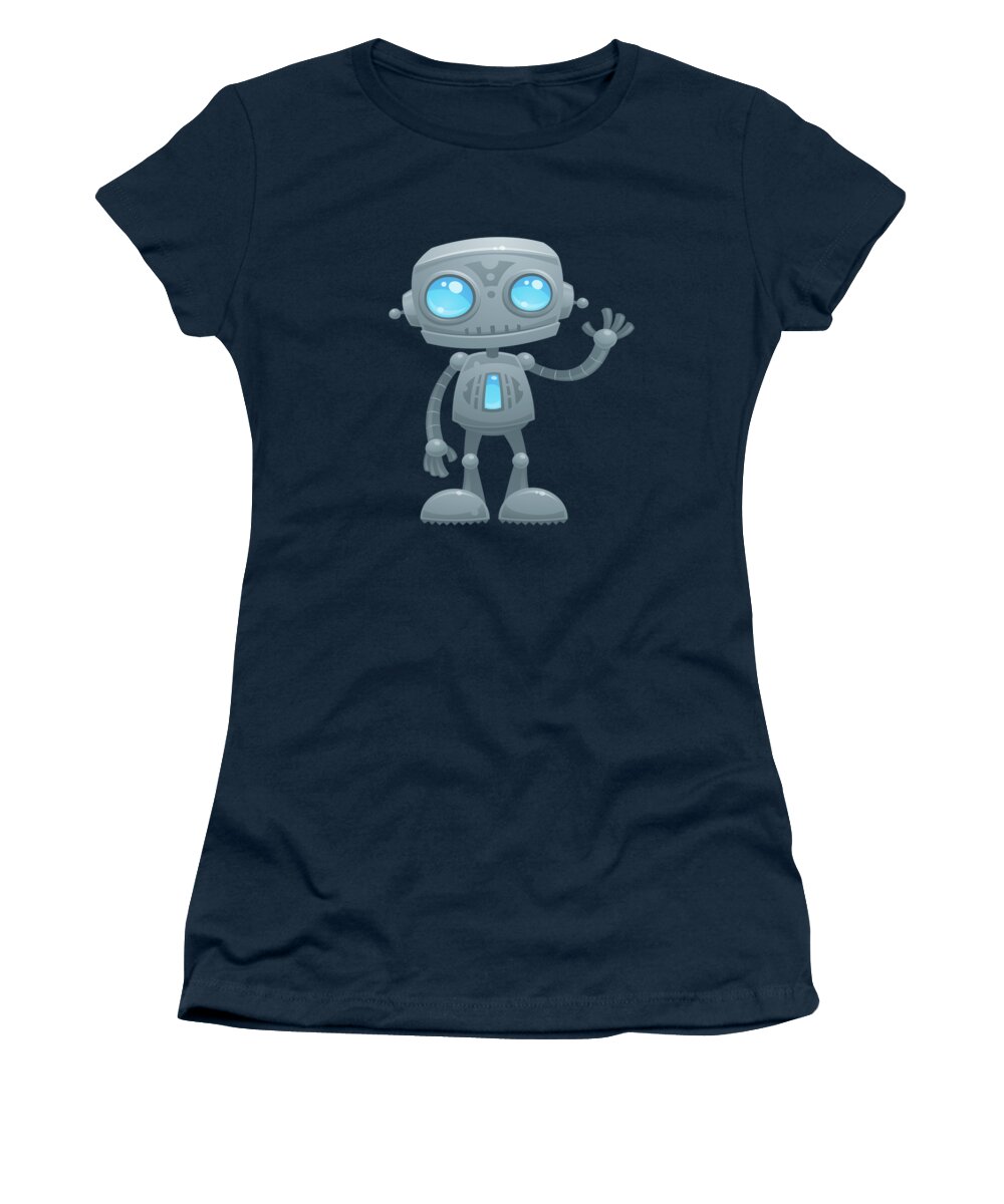 Robotandroiddroidfriendlycutewavewavingmachinefuturevectorcartoonillustrationhumorbluegrayhellosmilegreetingmascot Women's T-Shirt featuring the digital art Waving Robot by John Schwegel