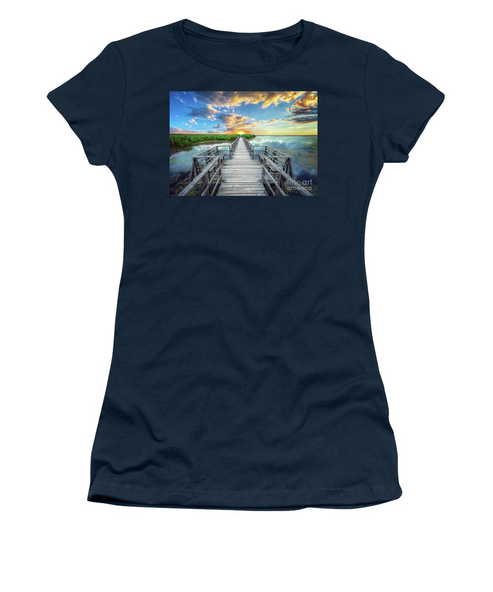 Blue Women's T-Shirt featuring the photograph Wetland Marsh Sunrise Treasure Coast Florida Boardwalk A1 by Ricardos Creations