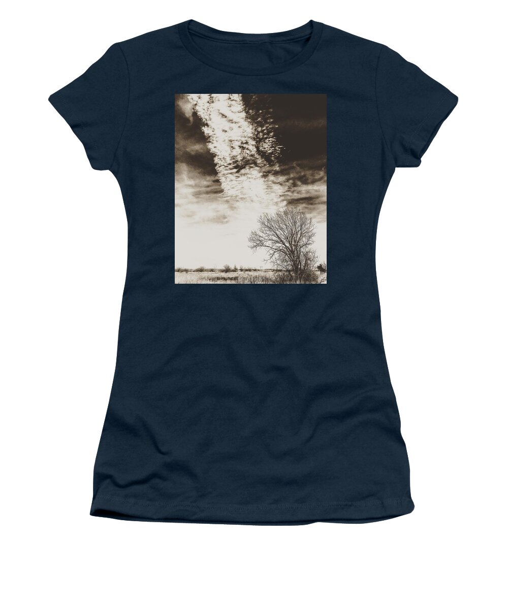 Chemtrails Women's T-Shirt featuring the digital art Wetlands meet Chemtrails by Michael Oceanofwisdom Bidwell