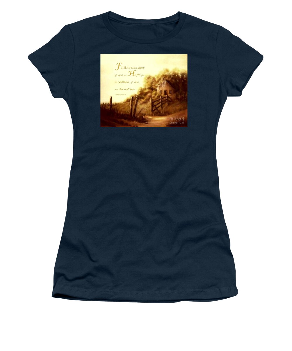 Gold And Green Tones Country Scene Women's T-Shirt featuring the painting What is Faith by Hazel Holland