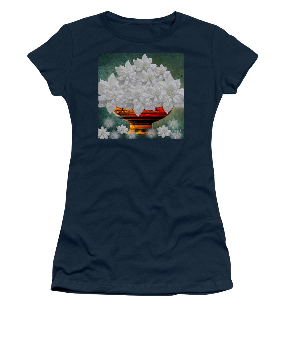 Poinsettias Women's T-Shirt featuring the photograph White Poinsettias In A Bowl by Saundra Myles