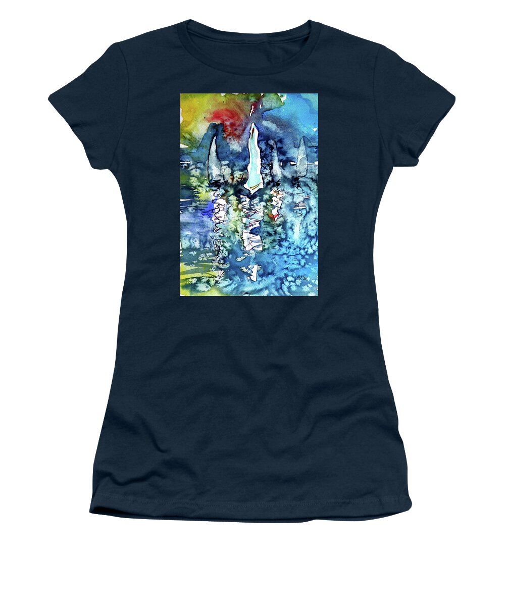 Sailboat Women's T-Shirt featuring the painting White sailboats at sunset by Kovacs Anna Brigitta